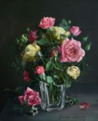 Francine Durosiey (20th century) French, A still life of roses in a glass jar, oil on panel, signed,