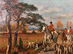 19th century school, a scene of huntsman on horseback with hounds, oil on board, indistinctly