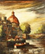 20th century school possibly continental, A View of barges along a canal with buildings and trees in