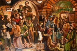 Derek Higginson (1930-2020) British, 'People Coming Out of the Theatre and Going In', Oil on canvas,