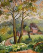 Early 20th century school, a scene of cottages through trees, oil on canvas, 22