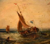 19th century English school, Dutch fishing boats in a swell, oil on board, 5
