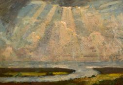 John Brown (1887-1966) British, A sunlit coastal scene, oil on board, signed with initials, 10