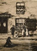 J. Beattie Scott (c. 1865-1937) children outside a shop with two other architectural etchings by