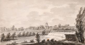 Circle of J M W Turner, A weir on the Thames, grey wash on wove paper, inscribed 'Reading Berkshire'