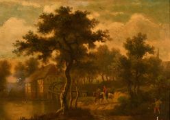 19th century school, possibly Dutch, a scene of figures on horseback by a watermill, oil on mahogany