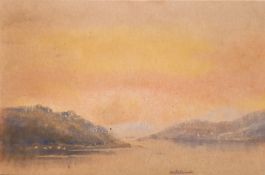 Follower of Turner, A small study of a lake at sunset along with two other small watercolours by