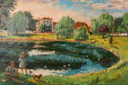 Dennis Gilbert (B.1922) British, figures resting by a village pond with country houses and willow