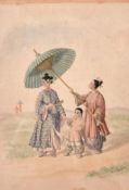 M. L. Wing (19th century) figures in an oriental landscape under an umbrella, watercolour, signed,