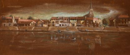 Margot Russell (1913-1988) British, 'Vonnas, Macon', A view of riverside buildings with a church