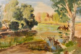 Arnold, circa 1968, Australian, 'The Hann River, North West Australia', horses watering by a