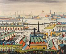 After Lowry, A scene of figures by a factory with a town beyond, oil on canvas, bears signature, 20