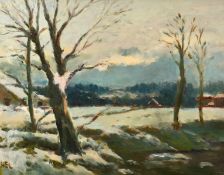 H.E. Lewis (20th century) British, 'Snow Scene', A winter landscape at dusk, oil on board, signed
