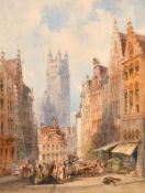 William Callow (1812-1908) British. Staen Street Bruges 1899, a Busy Street Scene, Watercolour,