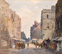 P.B. Ballard, A bustling street scene with figures and carriages, watercolour, signed and dated '