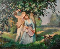 Raymond L'Heureux (1890-1865) French, 'Le Temps des Cerises', An amorous couple walking beneath