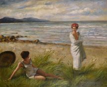 20th century school, two female figures on a beach, oil on canvas, indistinctly signed, 25