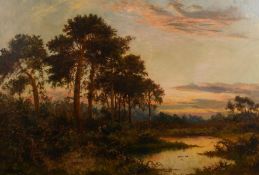 Daniel Sherrin (1868-1940) British. A river landscape at dusk, with figures in the undergrowth,