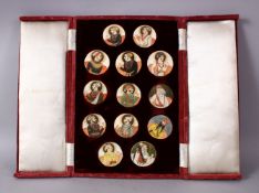 A BOXED SET OF THIRTEEN 18TH/19TH CENTURY PERSIAN CARVED & PAINTED IVORY MINIATURES, each of the