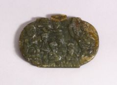 A PERSIAN QAJAR CARVED JADE PENDANT - carved with seated figures 8cm x 5cm