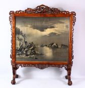 A FRENCH MADE JAPANESE STYLE CARVED HARDWOOD FIRE SCREEN SIGNED GABRIEL VIARDOT, the fire screen