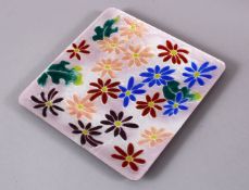 A JAPANESE TAISHO ANDO CLOSIONNE SQUARE FORMED DISH, with a pale pink ground and flower head