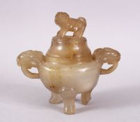 A CHINESE 19TH CENTURY CARVED JADE OR HARDSTONE CENSER & COVER, with twin carved beast handles, upon