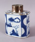 A CHINESE BLUE & WHITE PORCELAIN CADDY WITH A WHITE METAL MOUNT, the body of the caddy with