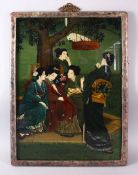 A LARGE 20TH CENTURY CHINESE REVERSE PAINTED GLASS FRAMED PANEL, painted to depict five female