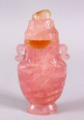 A CHINESE CARVED ROSE QUARTZ VASE & COVER, carved with duck and lotus decoration, twin carved