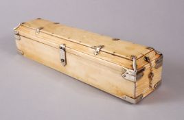 A RARE 17TH/18TH CENTURY MUGHAL INDIAN SILVER MOUNTED QALAMDAN / PEN BOX, 27cm long.