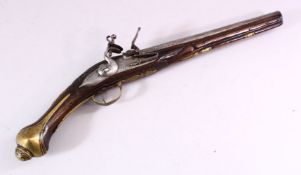AN 18TH CENTURY ANGLO INDIAN FLINTLOCK PISTOL, engraved barrel, carved stock with wire inlaid