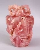 A LARGER CARVED CHINESE ROSE QUARTZ DRAGON & GODDESS VASE & COVER, the body carved with goddess,