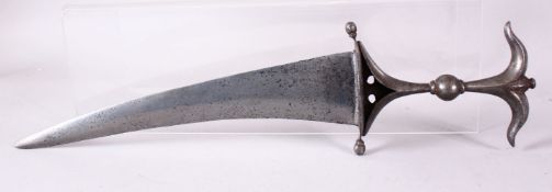 A FINE INDIAN POLISHED STEEL DAGGER, the handle with bow shaped pommel, disc shaped hand guard and