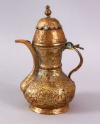 AN EARLY 18TH CENTURY OTTOMAN GILDED COPPER TOMBAK COFFEE POT, decorated with raised floral