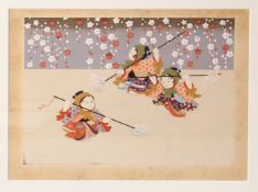 A EARLY 20TH CENTURY JAPANESE WOODBLOCK PRINT - JAPANESE FESTIVAL - depicting three figures with