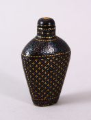 A CHINESE LACQUER AND INLAID ABALONE SNUFF BOTTLE, The base with a metal mark to base, 6cm high.