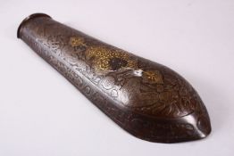 A 19TH CENTURY PERSIAN GILT DECORATED STEEL ARM GUARD, decorated with figures and gild decorated
