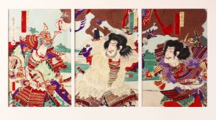 A JAPANESE MEIJI PERIOD WOOD BLOCK PRINT TRIPTYCH - KUNICHIKA TOYOHARA 1835 -1900 - THREE WARRIORS