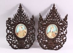 A GOOD PAIR OF 19TH CENTURY INDIAN MINIATURE PORTRAIT PAINTINGS POSSIBLY ON IVORY, depicting a