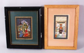 TWO PERSIAN / INDIAN MINIATURE PAINTINGS, one depicting three figures interior, 33cm x 29cm, the