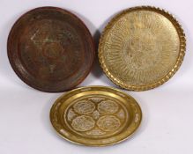 THREE 19TH CENTURY EGYPTIAN BRASS / WOODEN CALLIGRAPHIC TRAYS, the wooden with on laid wire floral