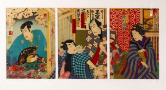A JAPANESE MEIJI PERIOD WOOD BLOCK PRINT TRIPTYCH - KOCHORO HOSAI - KABUKI THEATRE PLAY -