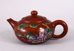 A CHINESE YIXING GLAY & ENAMEL TEAPOT, decorated with luohan figure seated in a landscape, with an