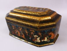 A 19TH CENTURY PERSIAN LACQUER LIDDED BOX, decorated with scenes of figures interior, bands of