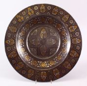 A LARGE 19TH CENTURY INDIAN PUNJAB SIALKOT SILVER AND GOLD INLAID STEEL CHARGER, the gold and silver