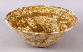 A GOOD IRAN STYLE POTTERY BOWL, decorated with brown palate glaze, the interior with a horse,