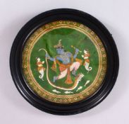 A 19TH CENTURY INDIAN PAINTING OF KRISHNA ON LEATHER, the blue skin god depicted with attendants