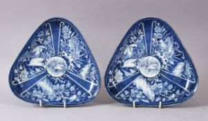 A PAIR OF JAPANESE MEIJI PERIOD BLUE & WHITE PORCELAIN ARITA PLATES, of rounded triangular form,