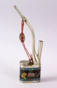 A 20TH CENTURY CHINESE PAKTONG CLOISONNE PIPE, with precious object and floral decoration, the lid